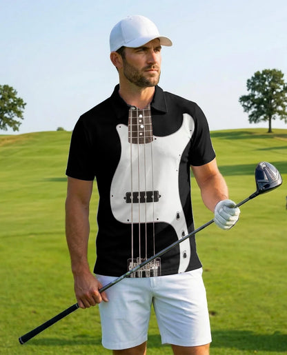 Bass Guitar Polo Shirt for Men, Rock Music Style Design | Azhawaiian