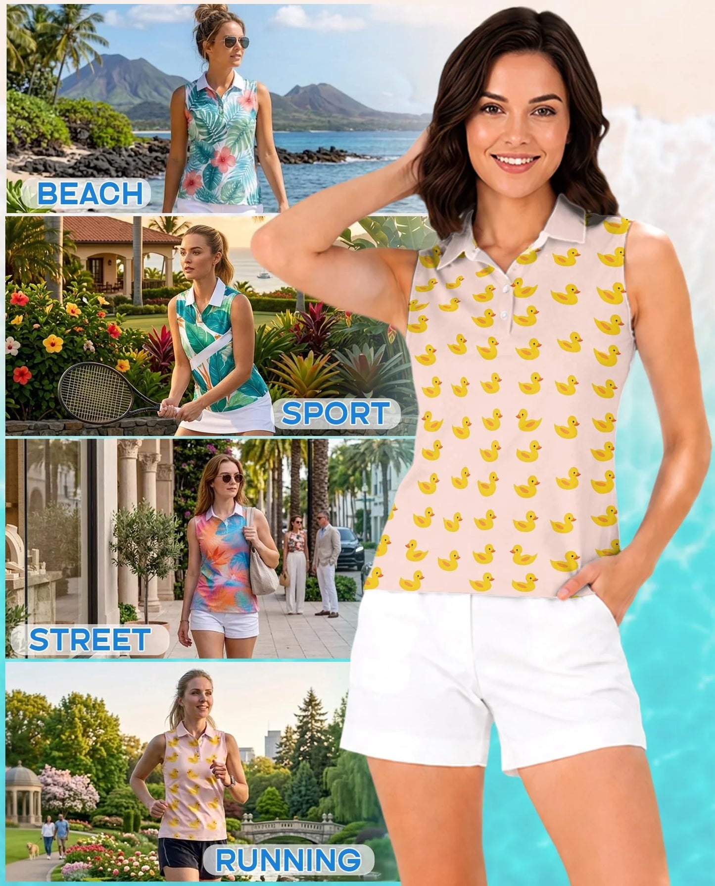 Cute Yellow Duck Sleeveless Polo Shirt for Women | Azhawaiian