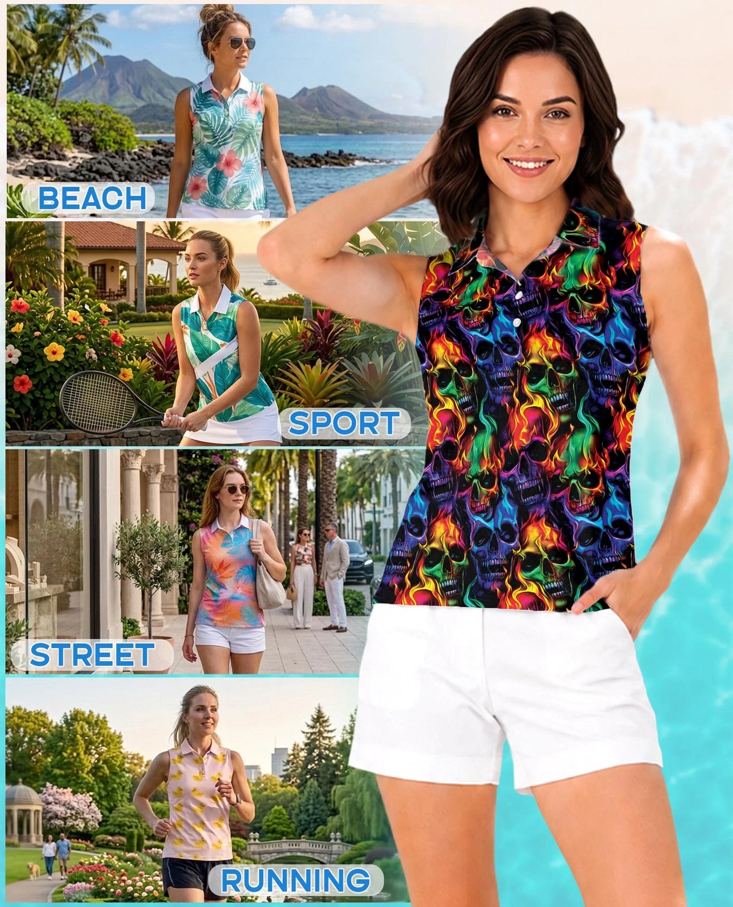 Flame Skull Sleeveless Polo Shirt for Women | Azhawaiian