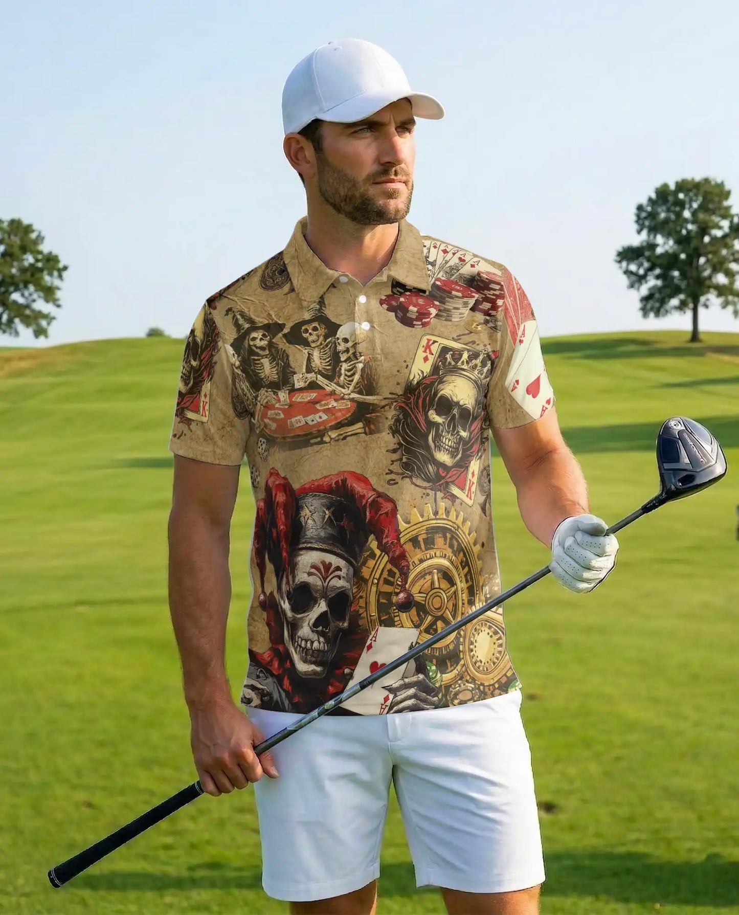 Skeleton Poker Polo Shirt - Vintage Gambling Skull Card Player Design | Azhawaiian