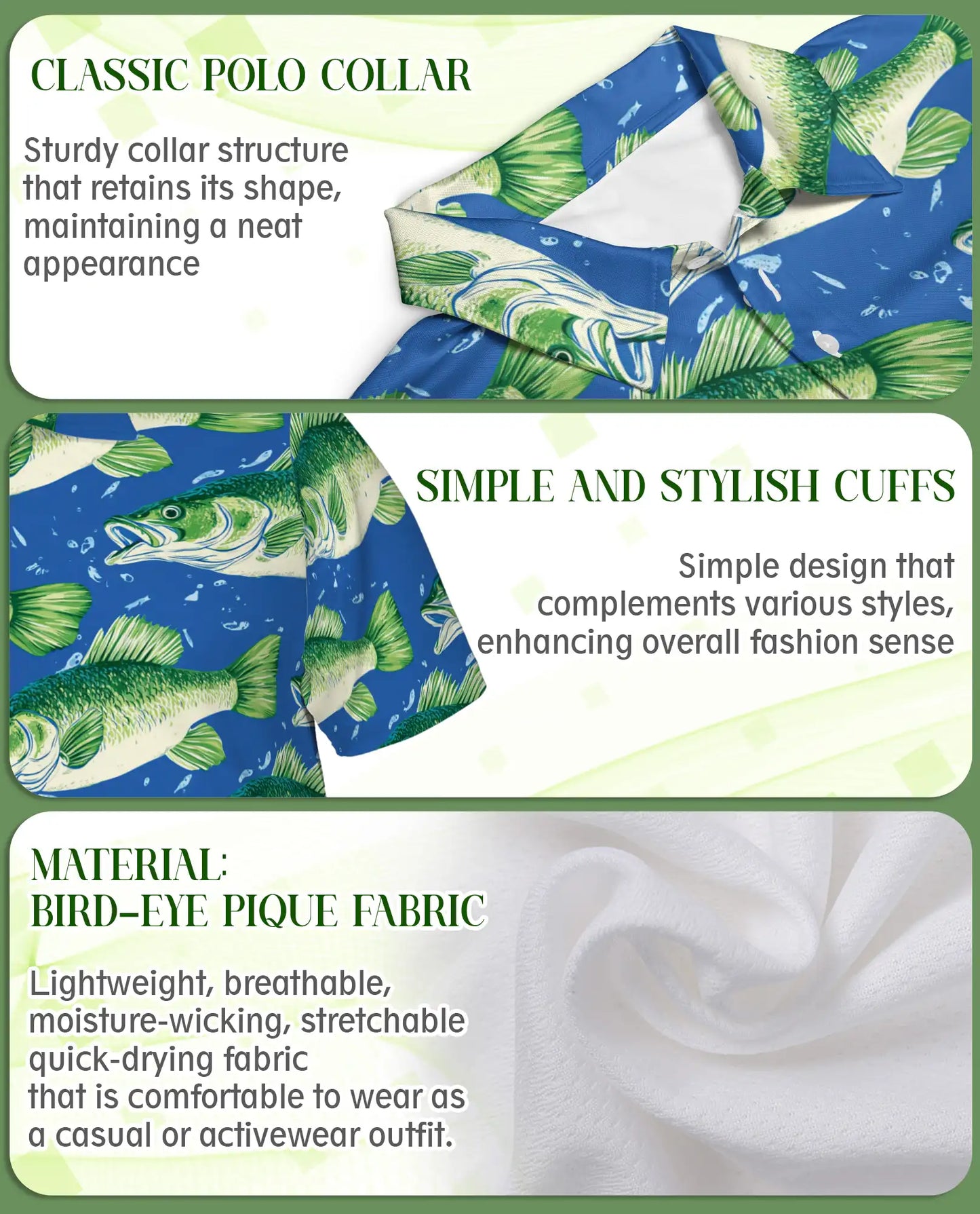 Largemouth Bass Fish Polo Shirt for Men- Angler Fish Pattern | Azhawaiian