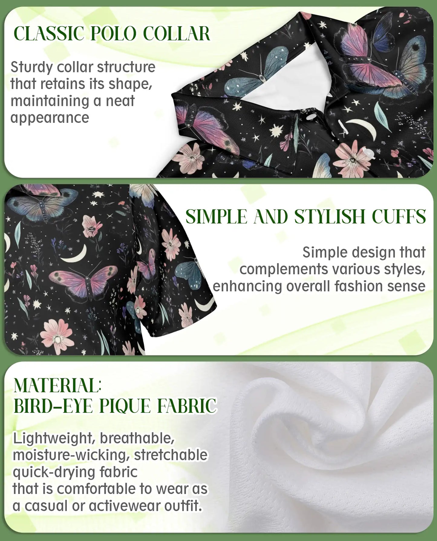 Butterfly Night Sky Polo Shirt, Moon & Floral Style | Azhawaiian