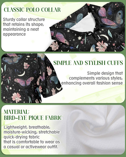 Butterfly Night Sky Polo Shirt, Moon & Floral Style | Azhawaiian