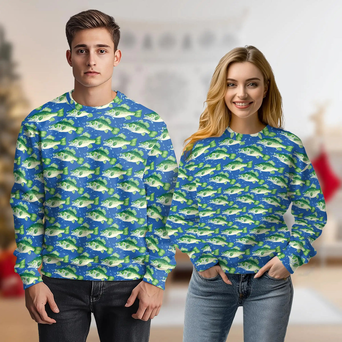 Green Bass Fish Pattern Sweatshirt – Colorful Graphic 3D All Over Print Design