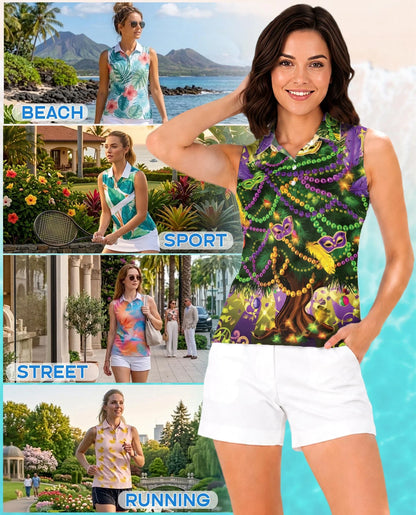 Mardi Gras Tree Sleeveless Polo Shirt for Women | Azhawaiian