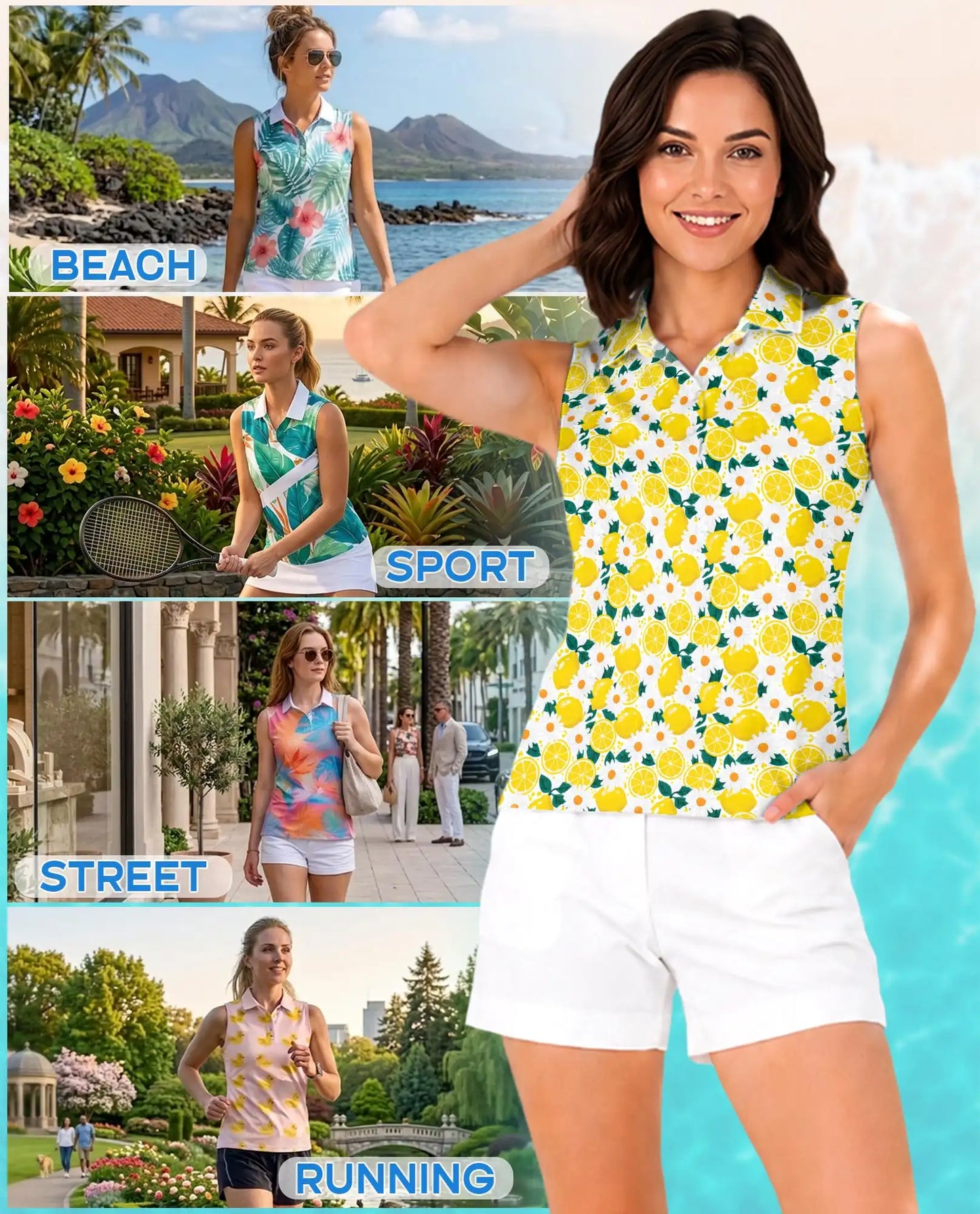 Citrus Blossom Sleeveless Polo Shirt for Women  | Azhawaiian