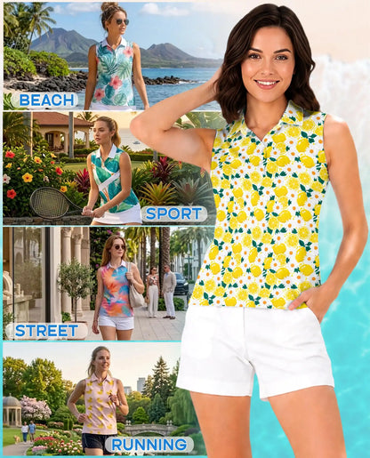 Citrus Blossom Sleeveless Polo Shirt for Women  | Azhawaiian