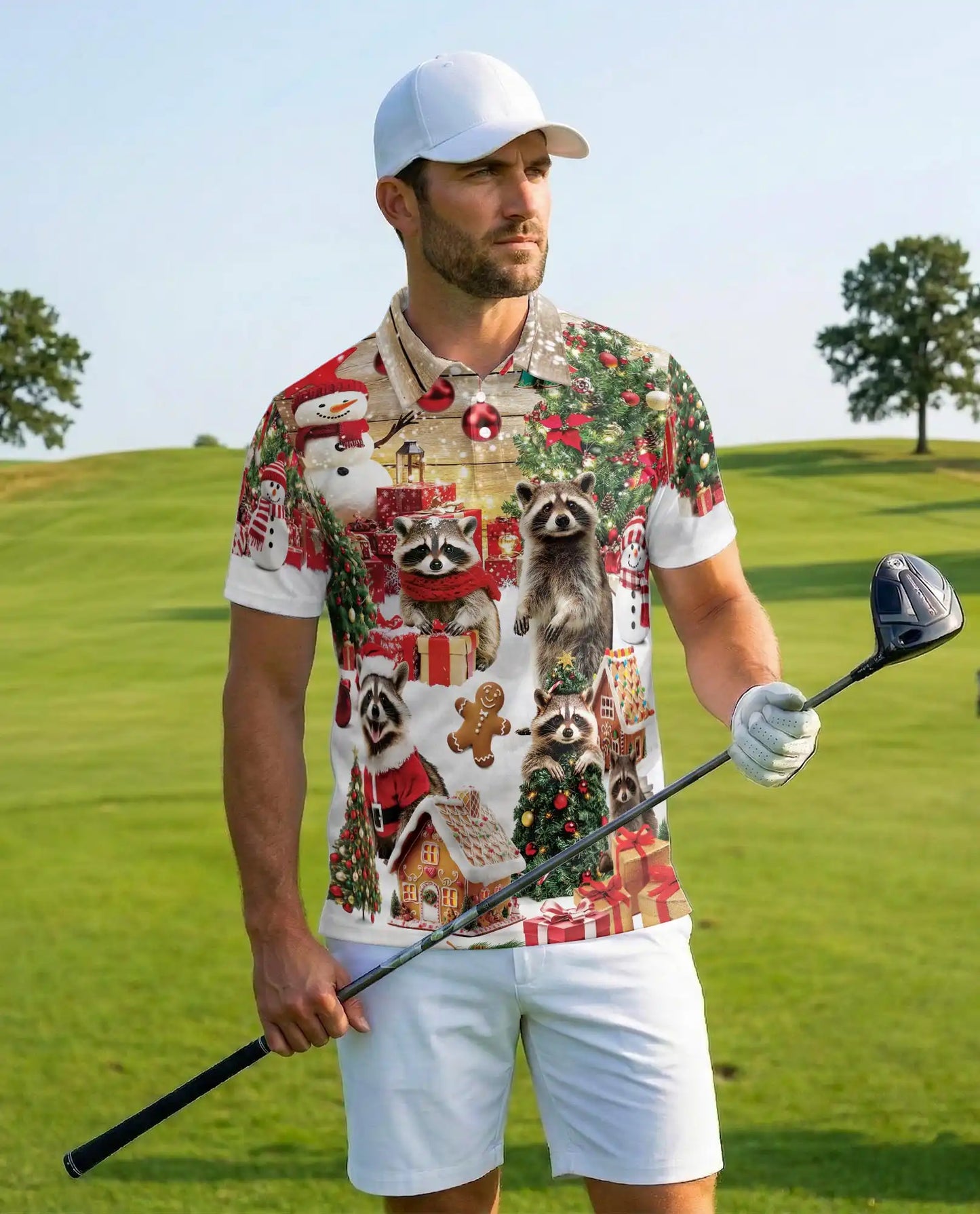 Christmas Raccoon 3D Polo Shirt for Men, Funny Holiday Animal Style | Azhawaiian