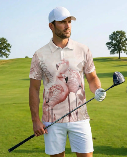 Pink Flamingo 3D Printed Polo Shirt for Men, Summer Tropical Shirt | Azhawaiian