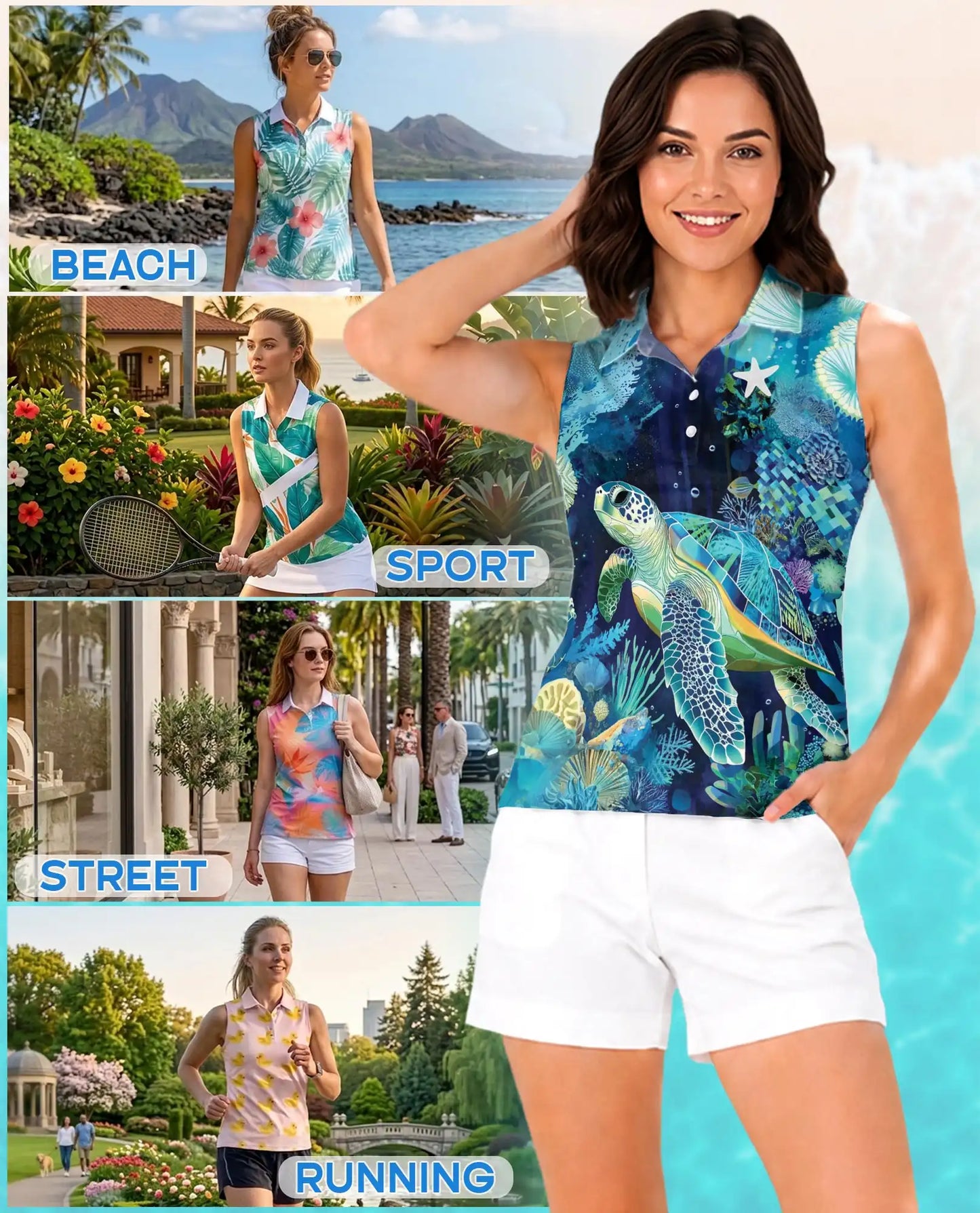 Coral Reef Turtle Pattern Sleeveless Polo Shirt for Women | Azhawaiian