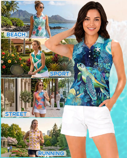 Coral Reef Turtle Pattern Sleeveless Polo Shirt for Women | Azhawaiian