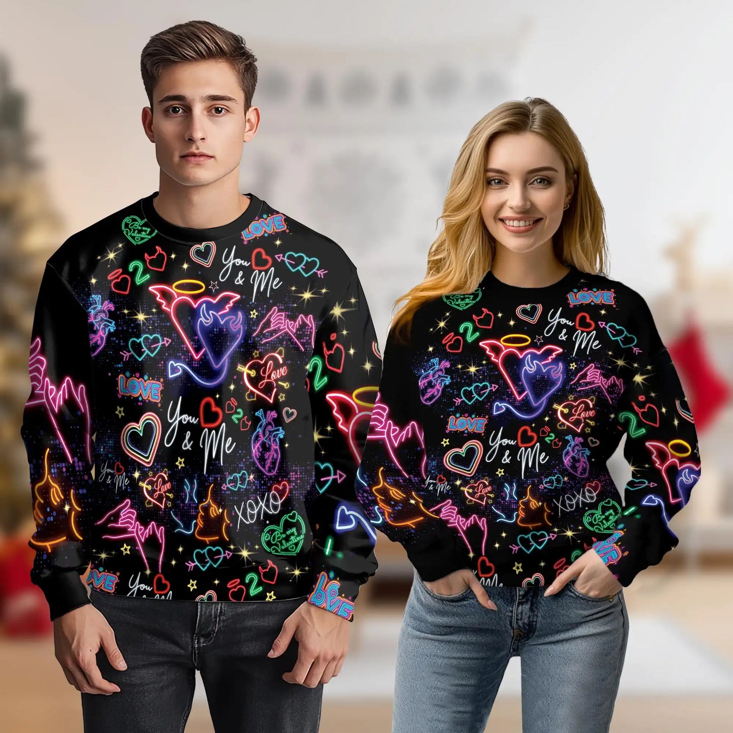 Neon Love Doodle Pattern Sweatshirt – Colorful Graphic 3D All Over Print Design