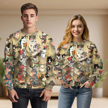 Japanese Cat Tattoo Sweatshirt – Colorful Graphic 3D All Over Print Design