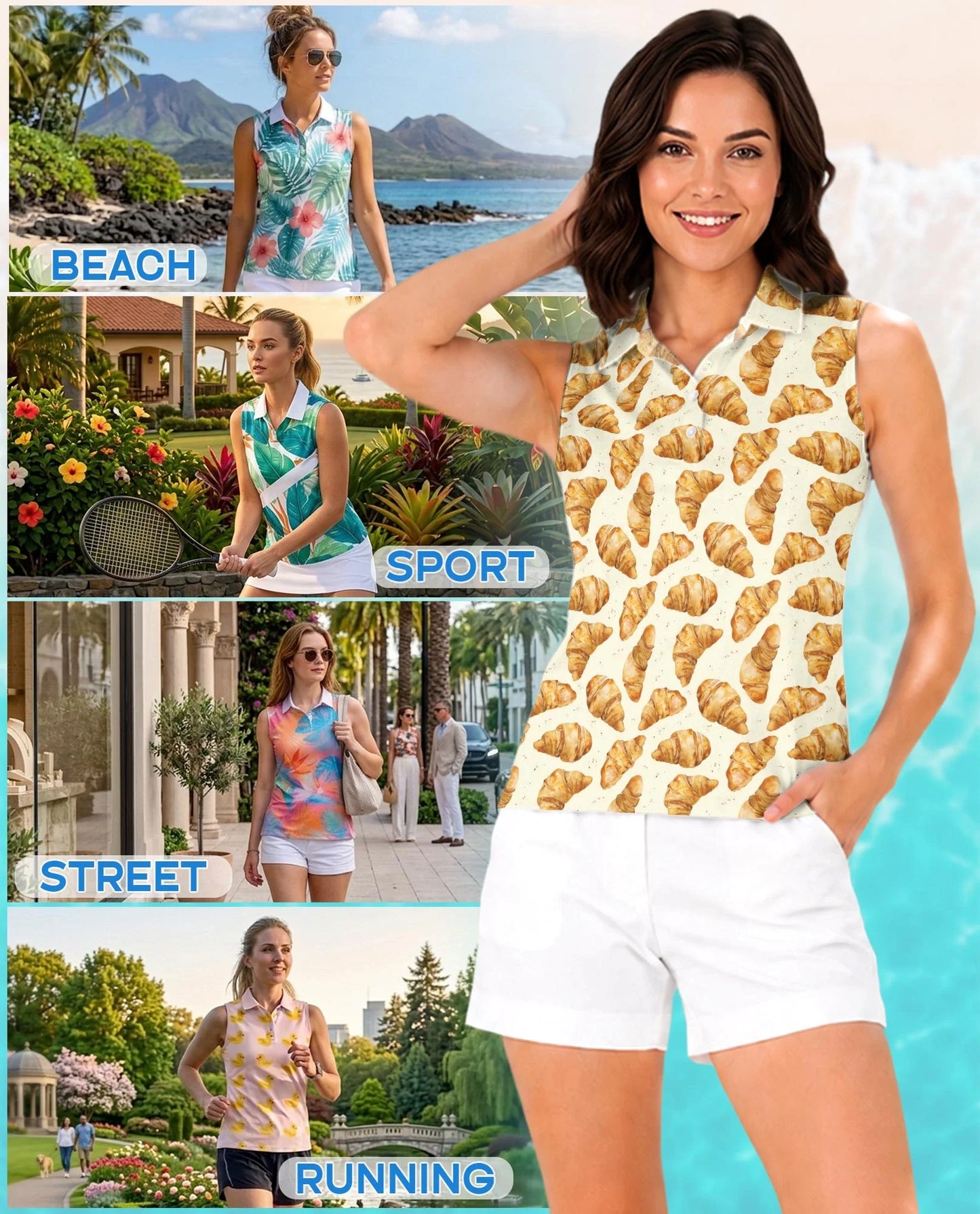 Croissant Pattern Sleeveless Polo Shirt for Women, Cute Bakery Food Style | Azhawaiian