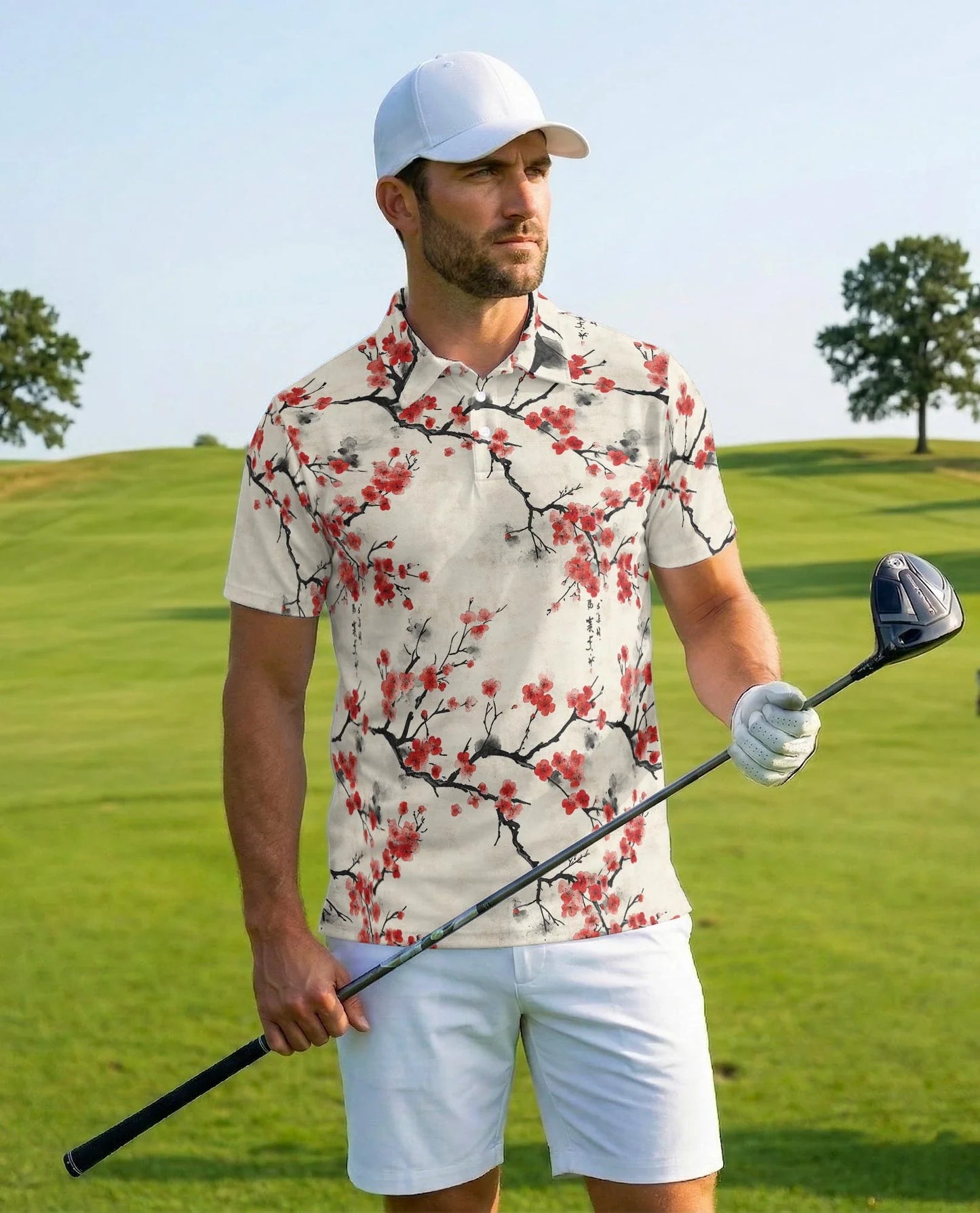 Red Cherry Blossom Branches Polo Shirt for Men, Japanese Sakura Style | Azhawaiian
