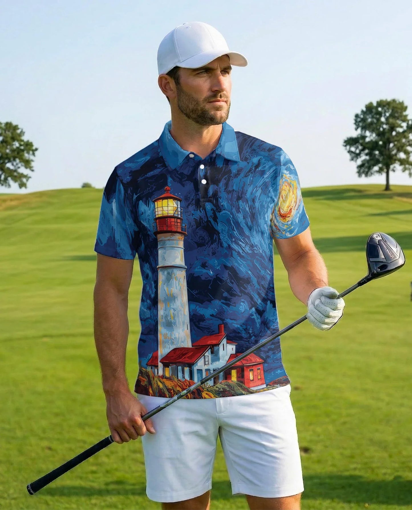 Lighthouse Starry Night Polo Shirt for Men, Coastal Art Style | Azhawaiian