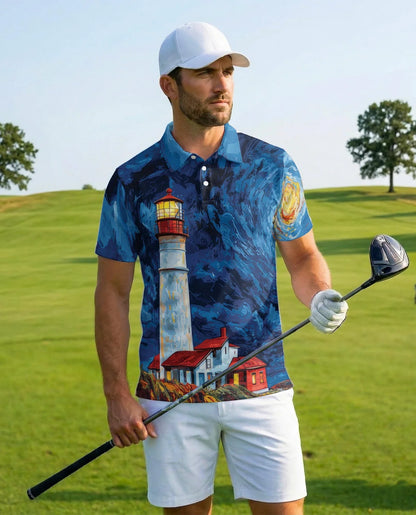 Lighthouse Starry Night Polo Shirt for Men, Coastal Art Style | Azhawaiian