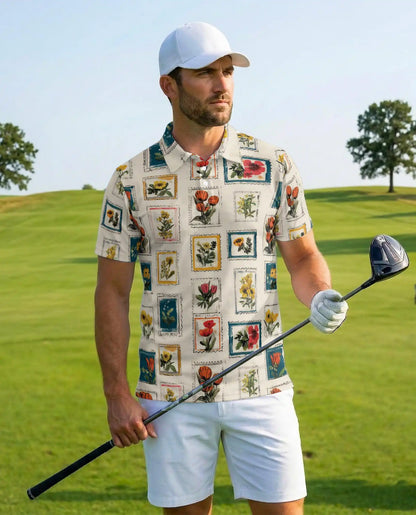 Floral Stamp Polo Shirt for Men, Vintage Botanical Style | Azhawaiian