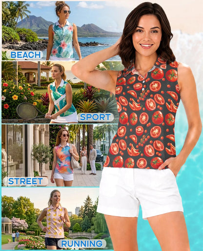 Tomato Print Sleeveless Polo Shirt for Women | Azhawaiian