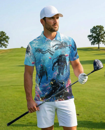 Blue Scuba Diving Coral Reef Polo Shirt for Men, Ocean Adventure Style | Azhawaiian