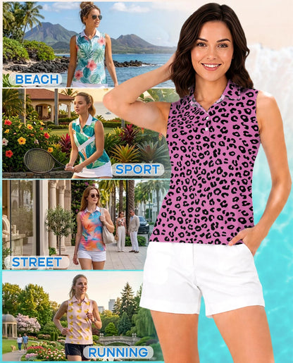 Pink Leopard Print Sleeveless Polo Shirt for Women, Wild Fashion Style | Azhawaiian