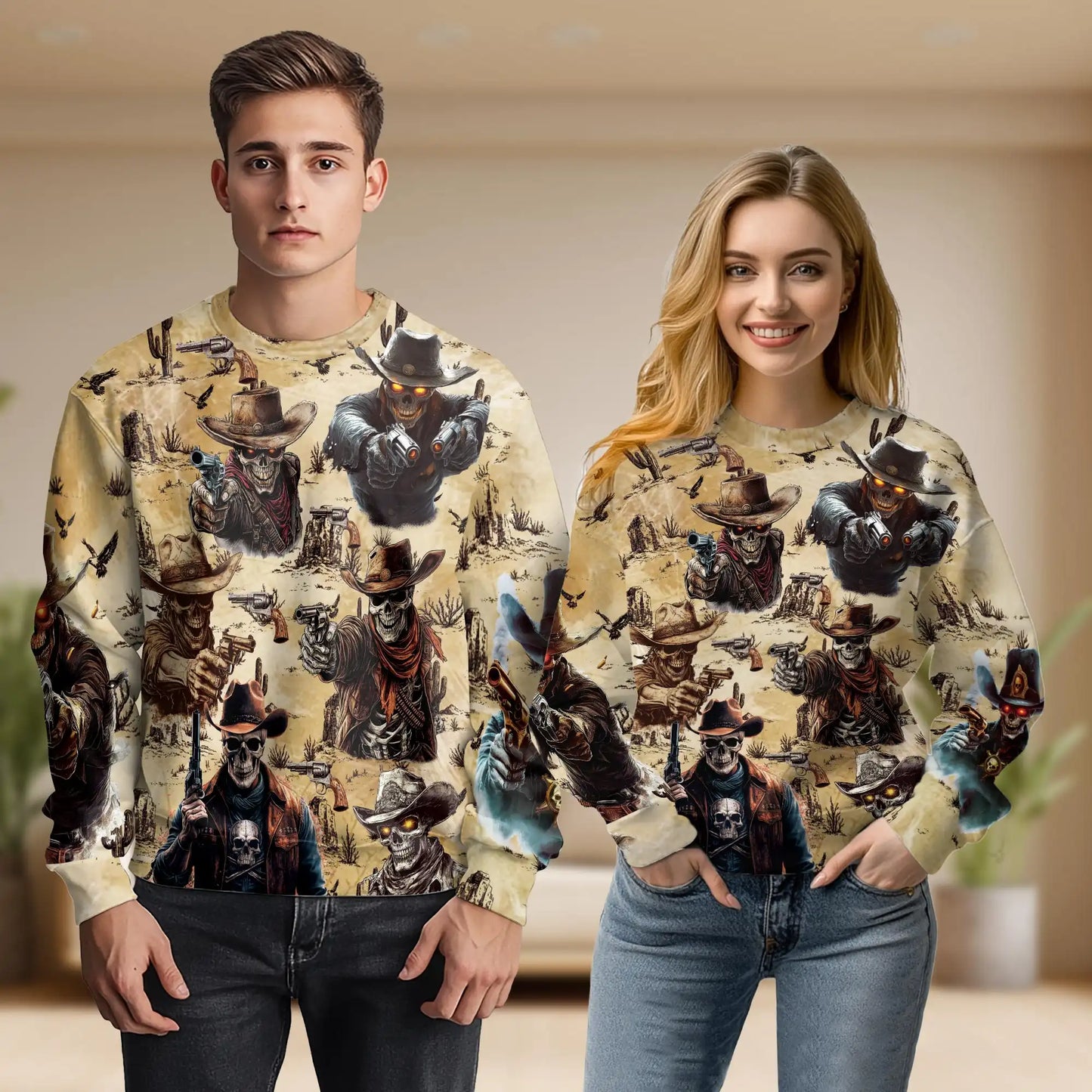 Skeleton Cowboy Gunslinger Sweatshirt – Colorful Graphic 3D All Over Print Design