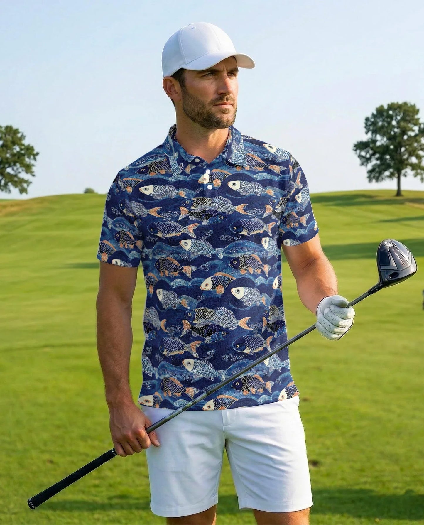 Japanese Koi Fish Pattern Polo Shirt for Men, Traditional Asian Art | Azhawaiian