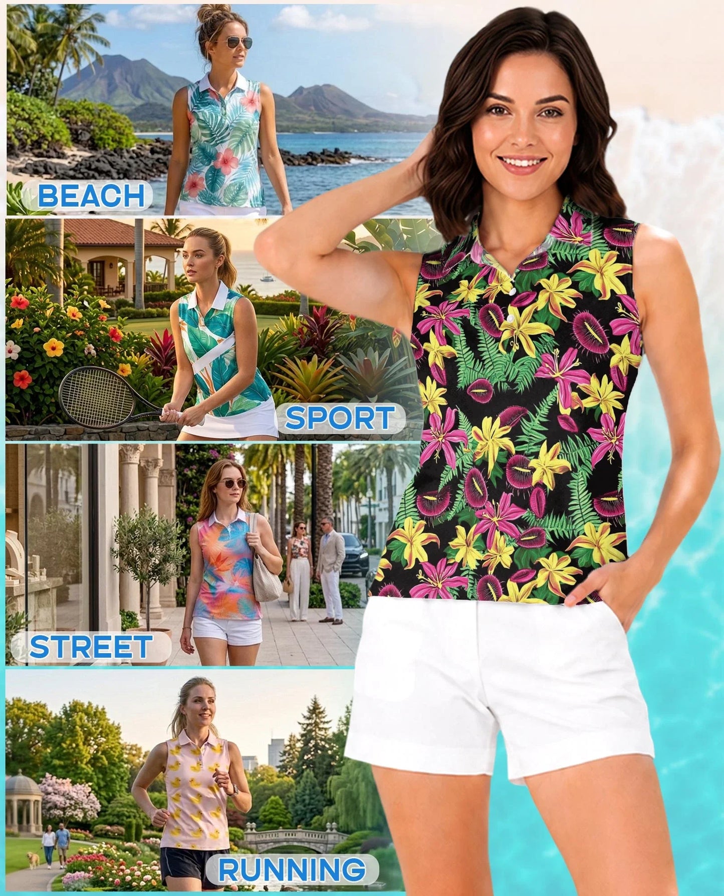 Venus Flytrap Pattern Sleeveless Polo Shirt for Women | Azhawaiian
