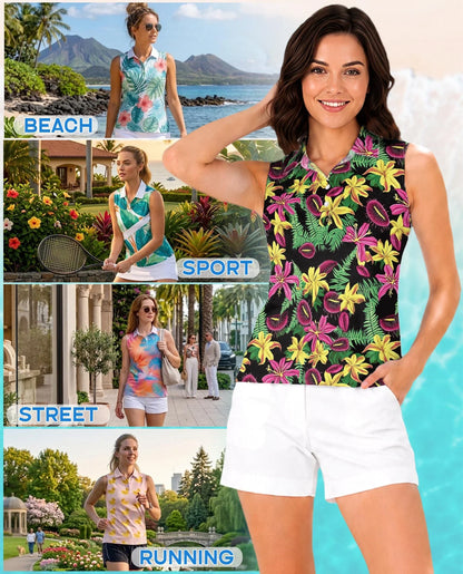 Venus Flytrap Pattern Sleeveless Polo Shirt for Women | Azhawaiian