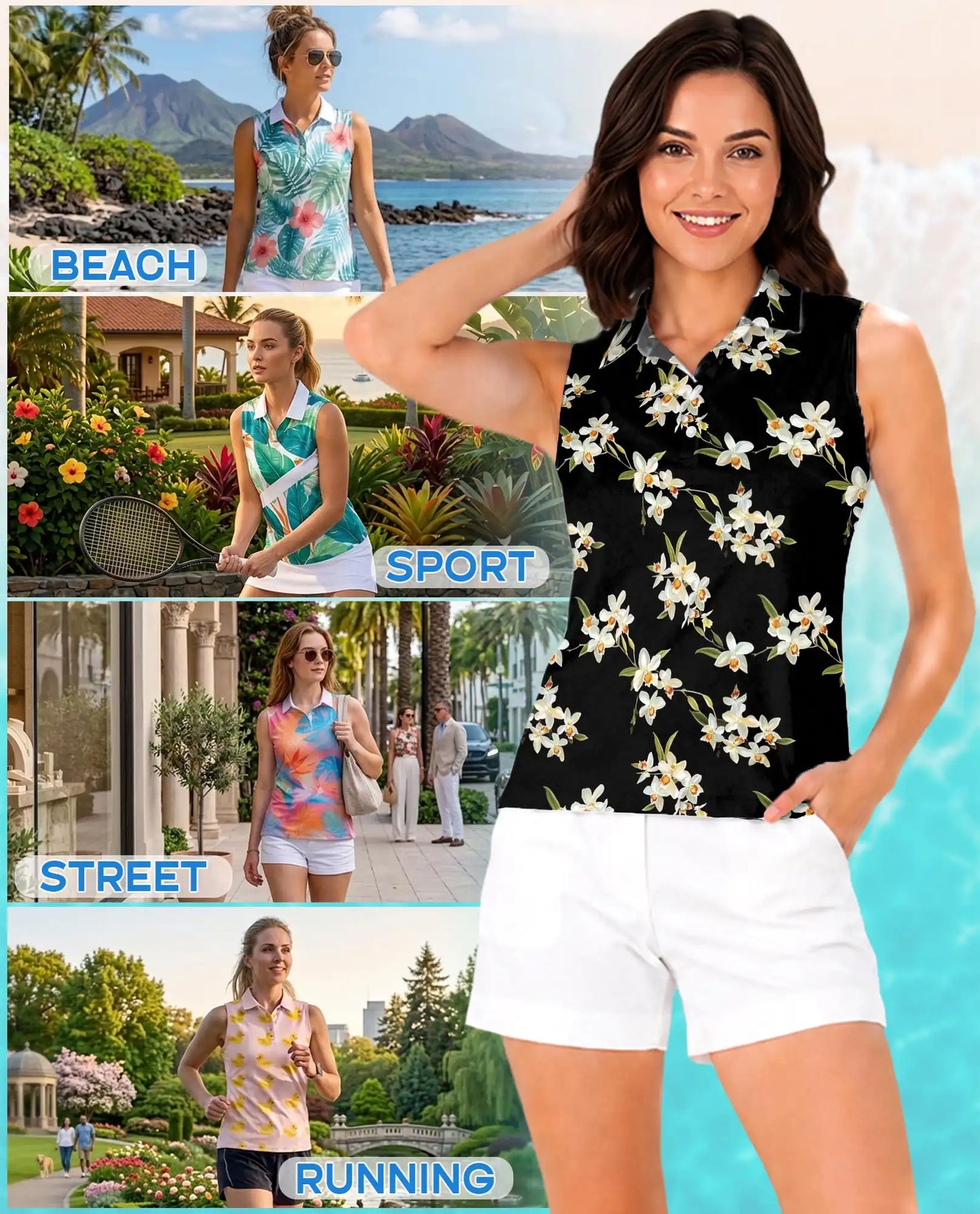 White Orchid Print Sleeveless Polo Shirt for Women, Elegant Floral Style | Azhawaiian