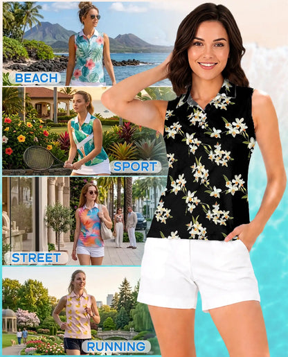 White Orchid Print Sleeveless Polo Shirt for Women, Elegant Floral Style | Azhawaiian