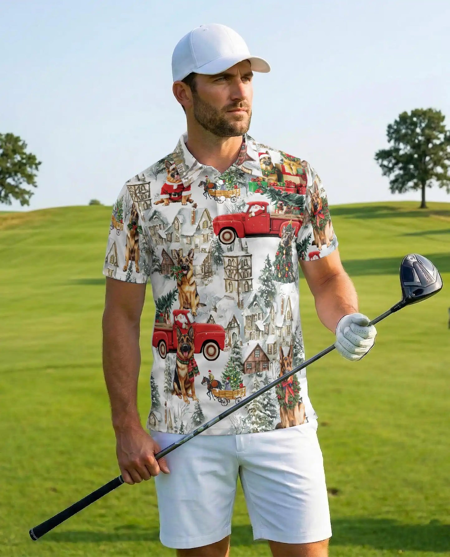 German Shepherd Christmas Polo Shirt, Winter Village Print | Azhawaiian