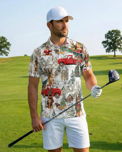 German Shepherd Christmas Polo Shirt, Winter Village Print | Azhawaiian