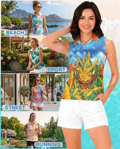 Corn Pattern Sleeveless Polo Shirt for Women | Azhawaiian