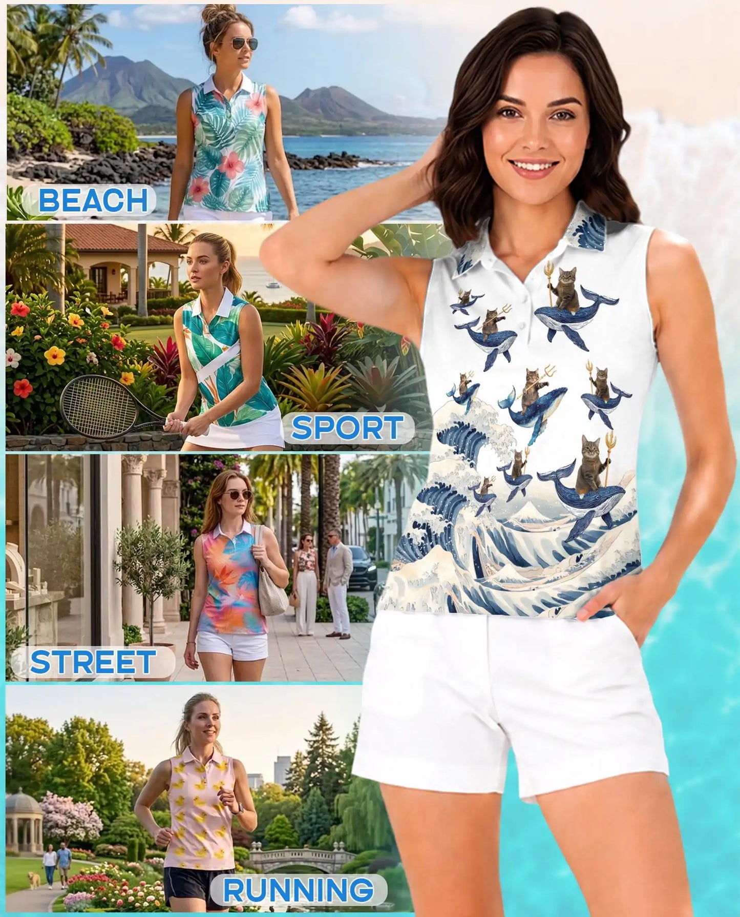 Cat Riding Whale Funny Sleeveless Polo Shirt for Women | Azhawaiian
