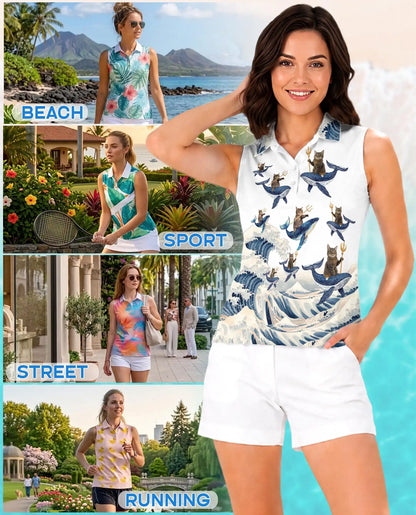 Cat Riding Whale Funny Sleeveless Polo Shirt for Women | Azhawaiian