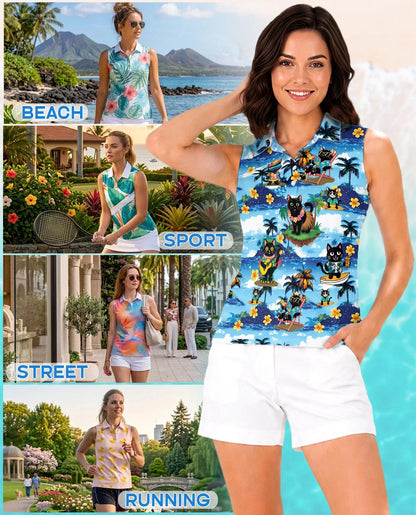 Tropical Cat Sleeveless Polo Shirt for Women | Azhawaiian
