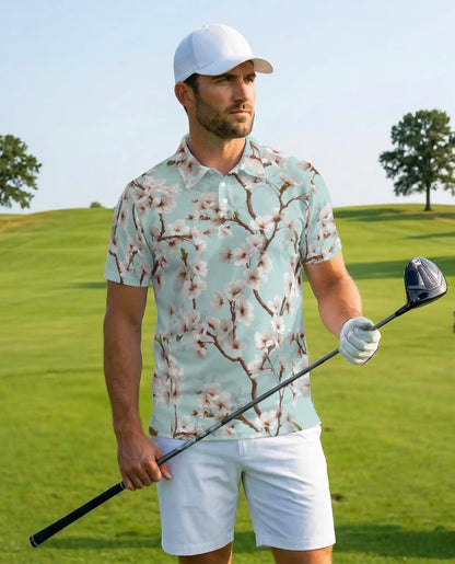 White Cherry Blossom Polo Shirt for Men, Spring Floral Style | Azhawaiian