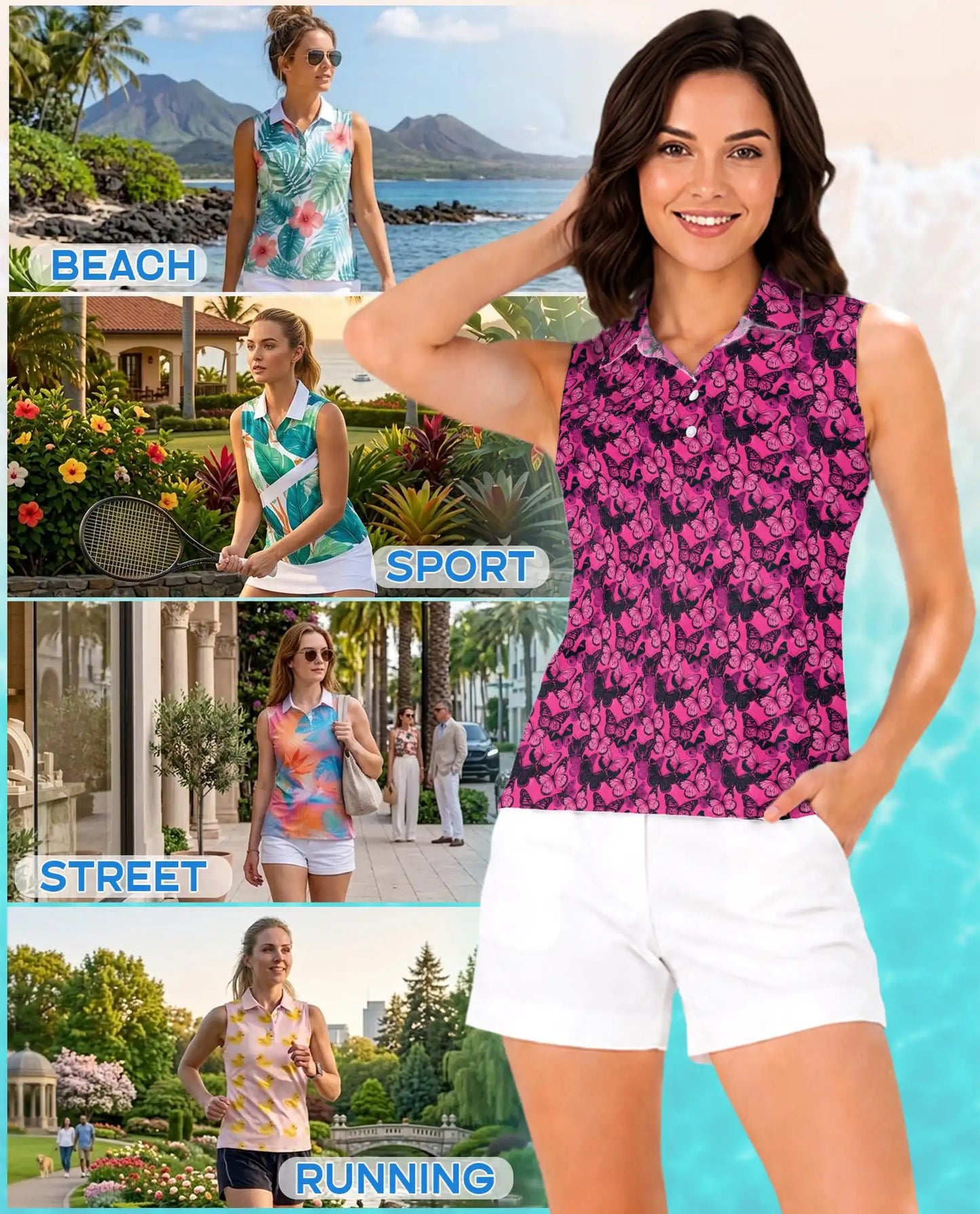 Pink Butterfly Print Sleeveless Polo Shirt for Women | Azhawaiian