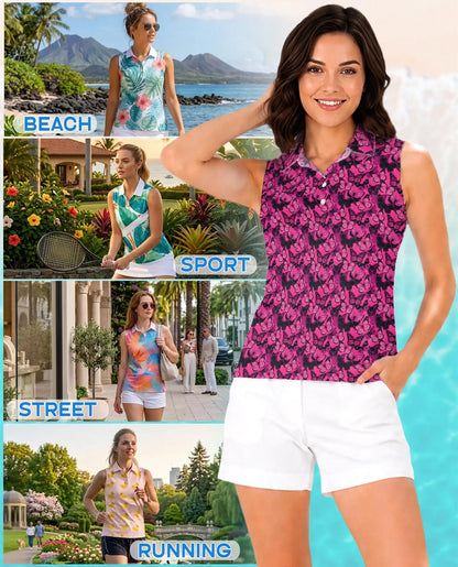 Pink Butterfly Print Sleeveless Polo Shirt for Women | Azhawaiian