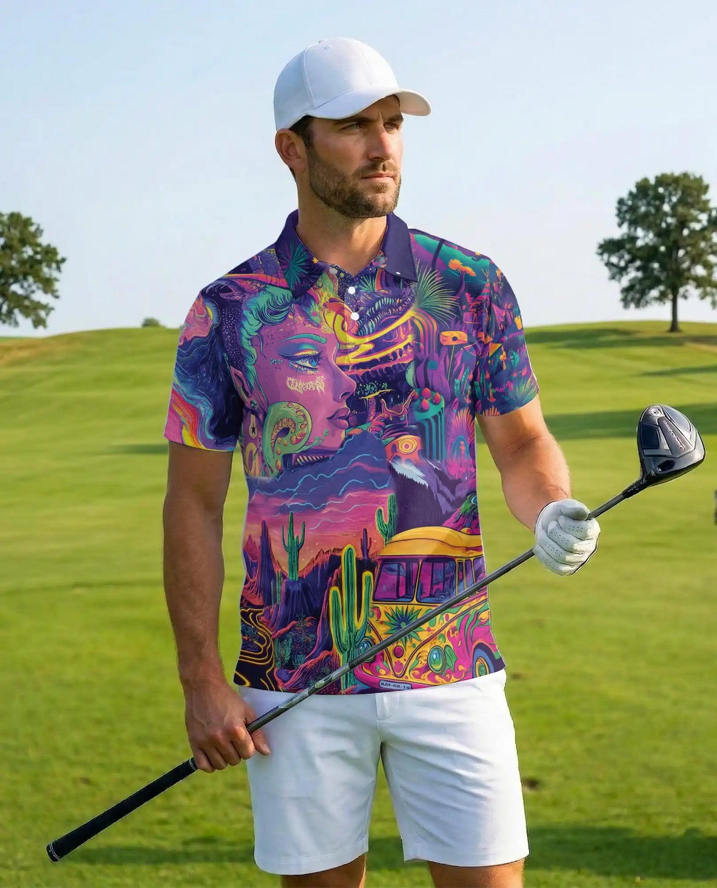 Psychedelic Desert Polo Shirt - Retro Festival Art Style | Azhawaiian