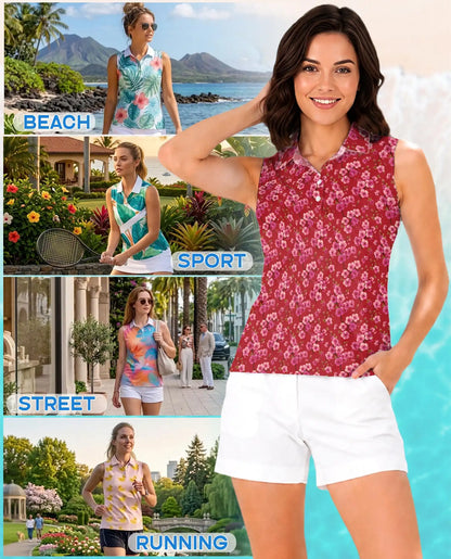 Red Cherry Blossom Sleeveless Polo Shirt for Women  | Azhawaiian