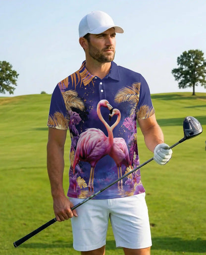 Pink Flamingo Polo Shirt - Tropical Paradise Romantic Coastal Design | Azhawaiian