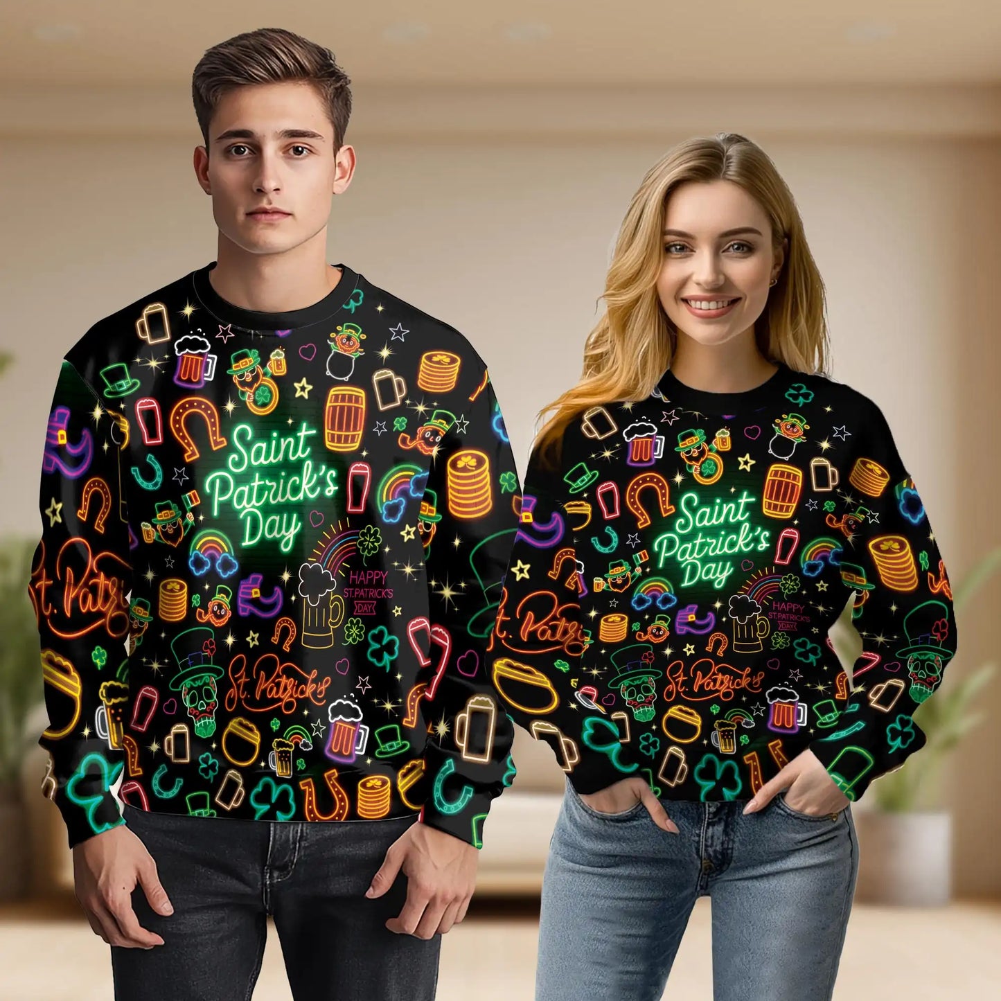 Neon St Patrick’s Day Sweatshirt – Colorful Graphic 3D All Over Print Design