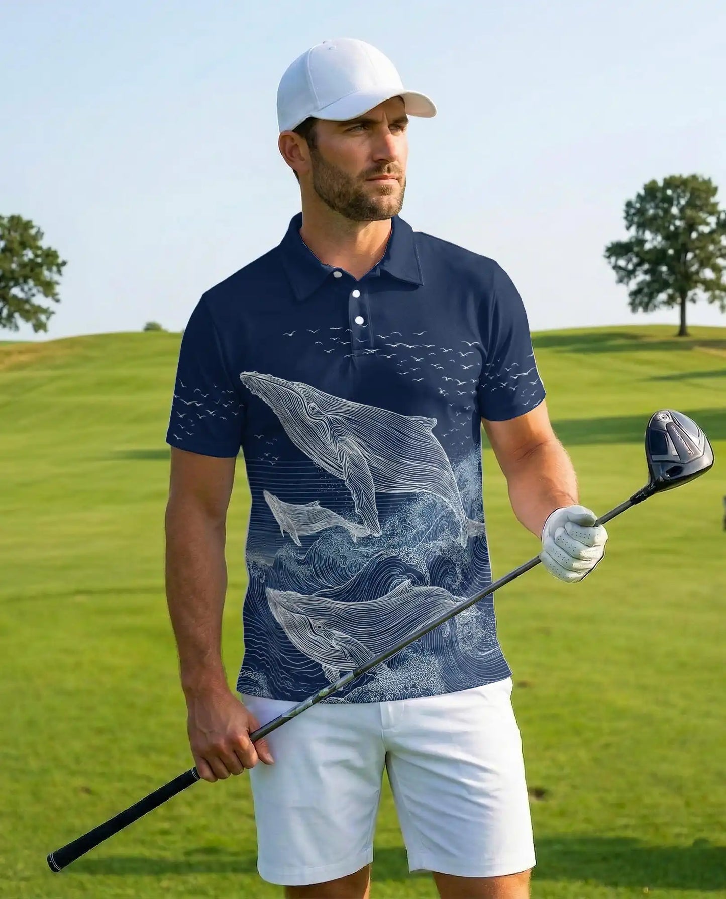 Whale Polo Shirt - Ocean Wave Marine Life Coastal Design | Azhawaiian