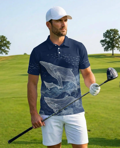 Whale Polo Shirt - Ocean Wave Marine Life Coastal Design | Azhawaiian