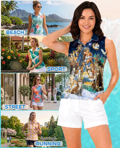 Jesus Christmas Sleeveless Polo Shirt for Women, Faith Holiday Style