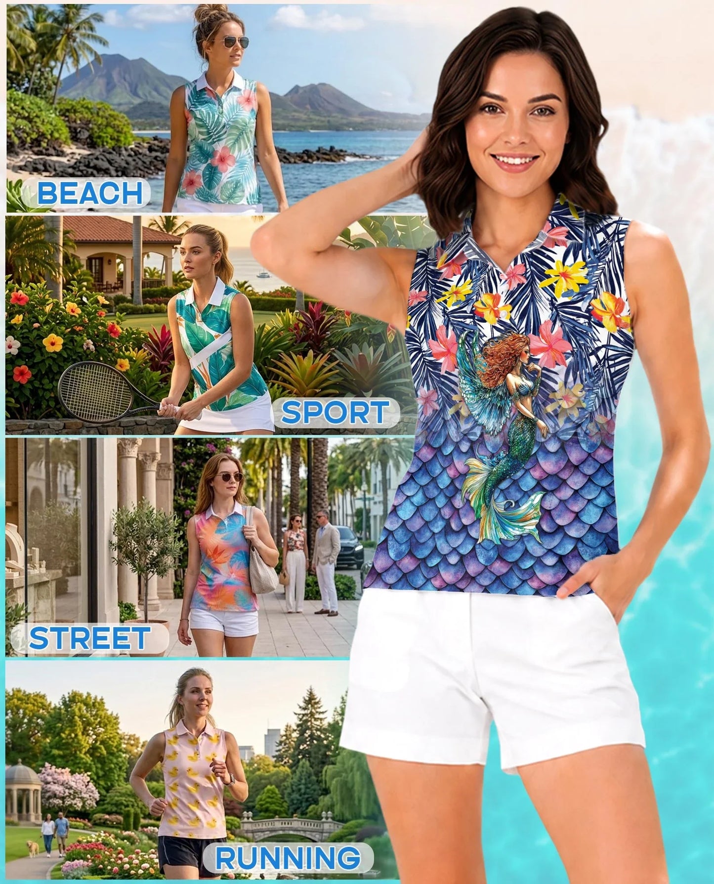Mermaid Pattern Sleeveless Polo Shirt for Women | Azhawaiian