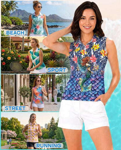 Mermaid Pattern Sleeveless Polo Shirt for Women | Azhawaiian