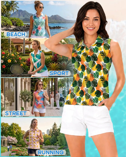 Monstera Leaf Print Sleeveless Polo Shirt for Women, Tropical Botanical Style | Azhawaiian